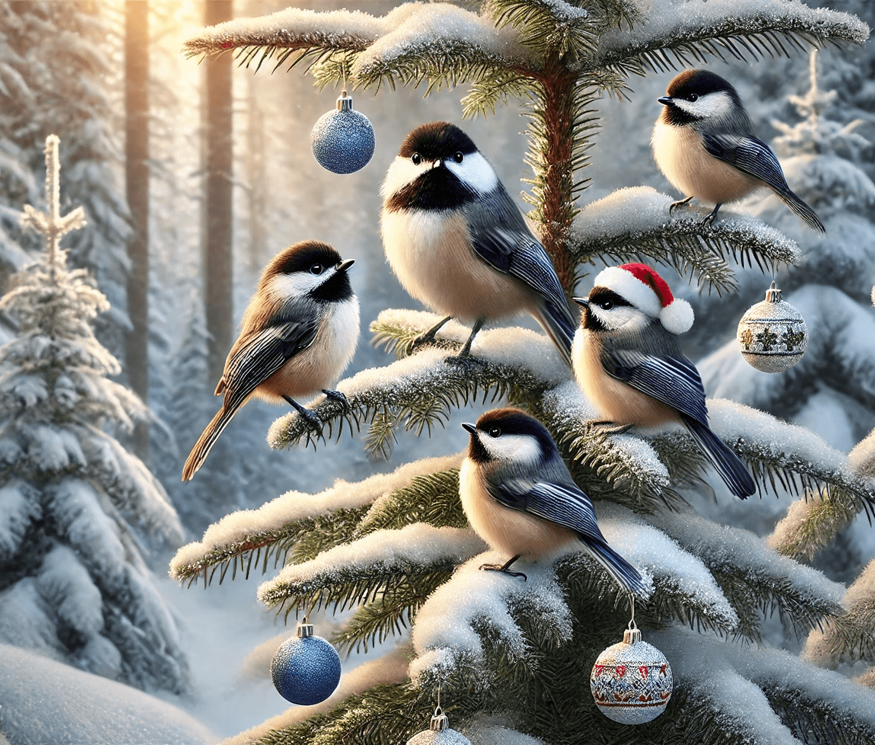Black capped chickadees perched on a snowy fir tree in winter with one chickadee wearing a Santa hat.
