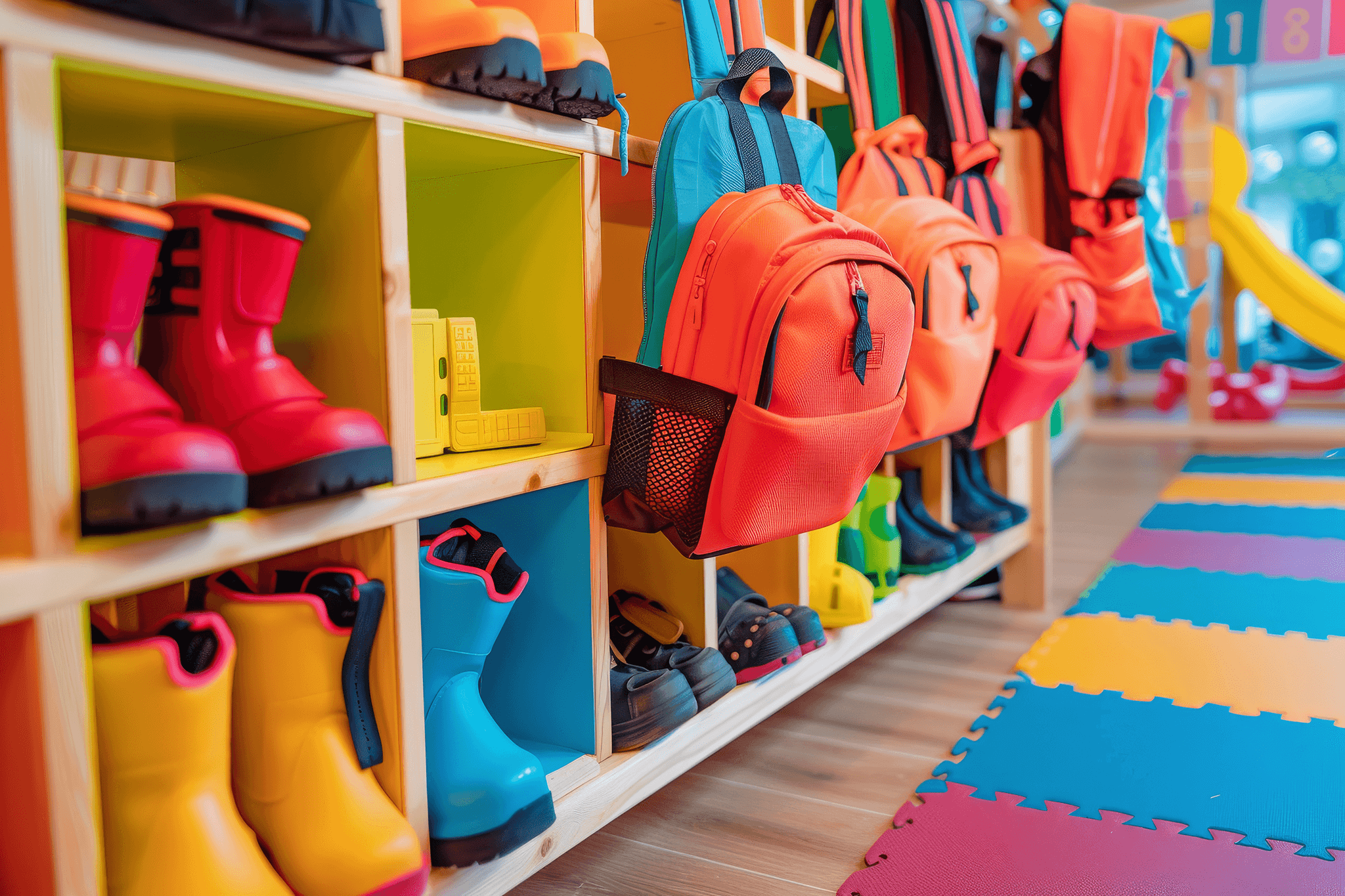 A colourful school cloakroom full of boots and backpacks