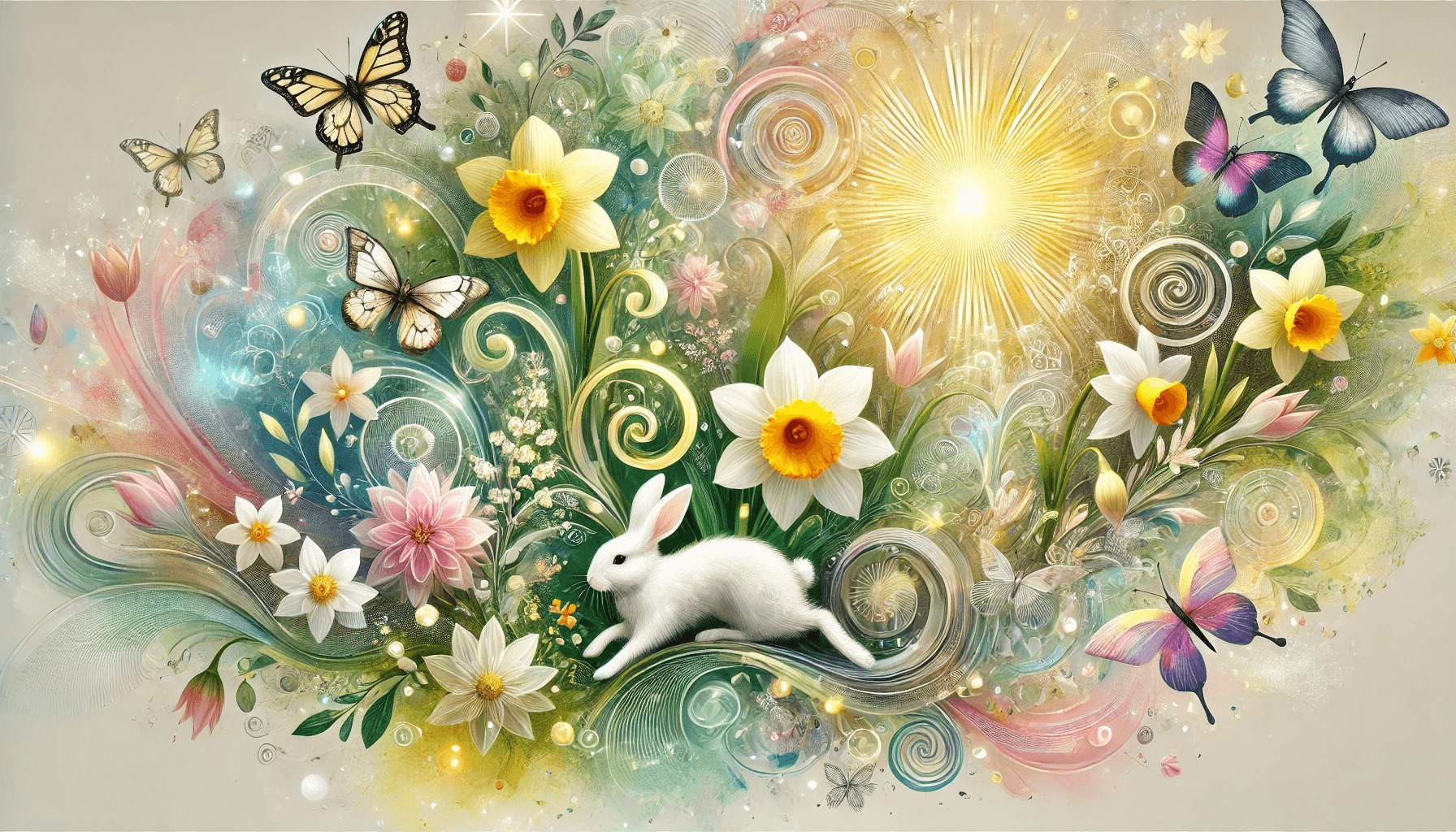 A white rabbit leaping through a whimsical field of daffodils, crocuses and other spring flowers as well as butterflies.