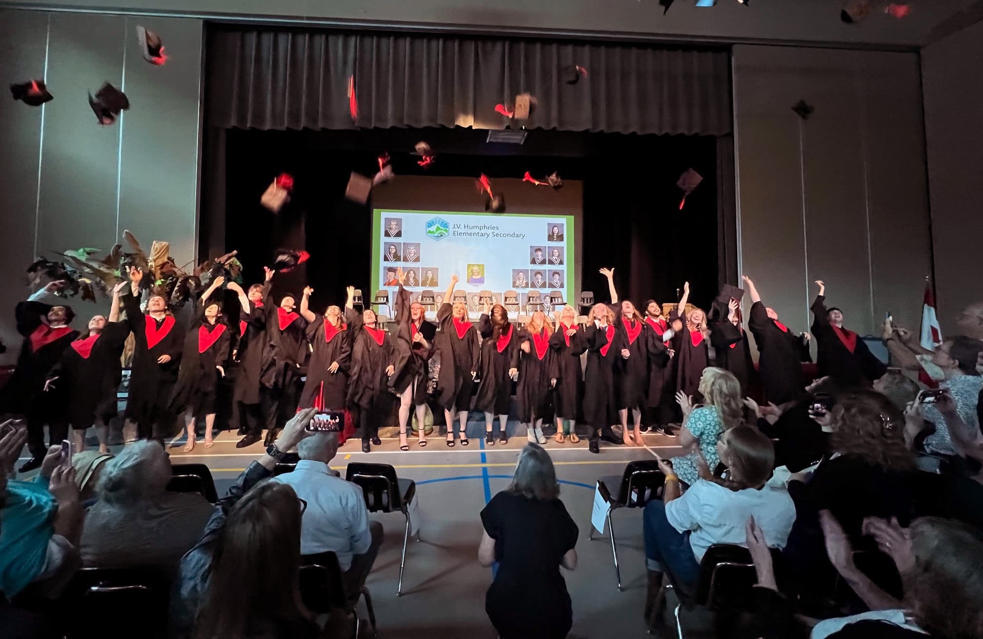 High school graduates on a stage throw their caps in the air with family and friends cheering in the audience in the foreground.