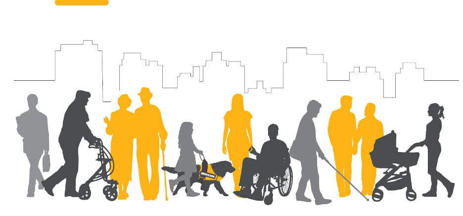 A grey and yellow graphic showing silhouettes of people using various modes of mobility and mobility assistance aids.