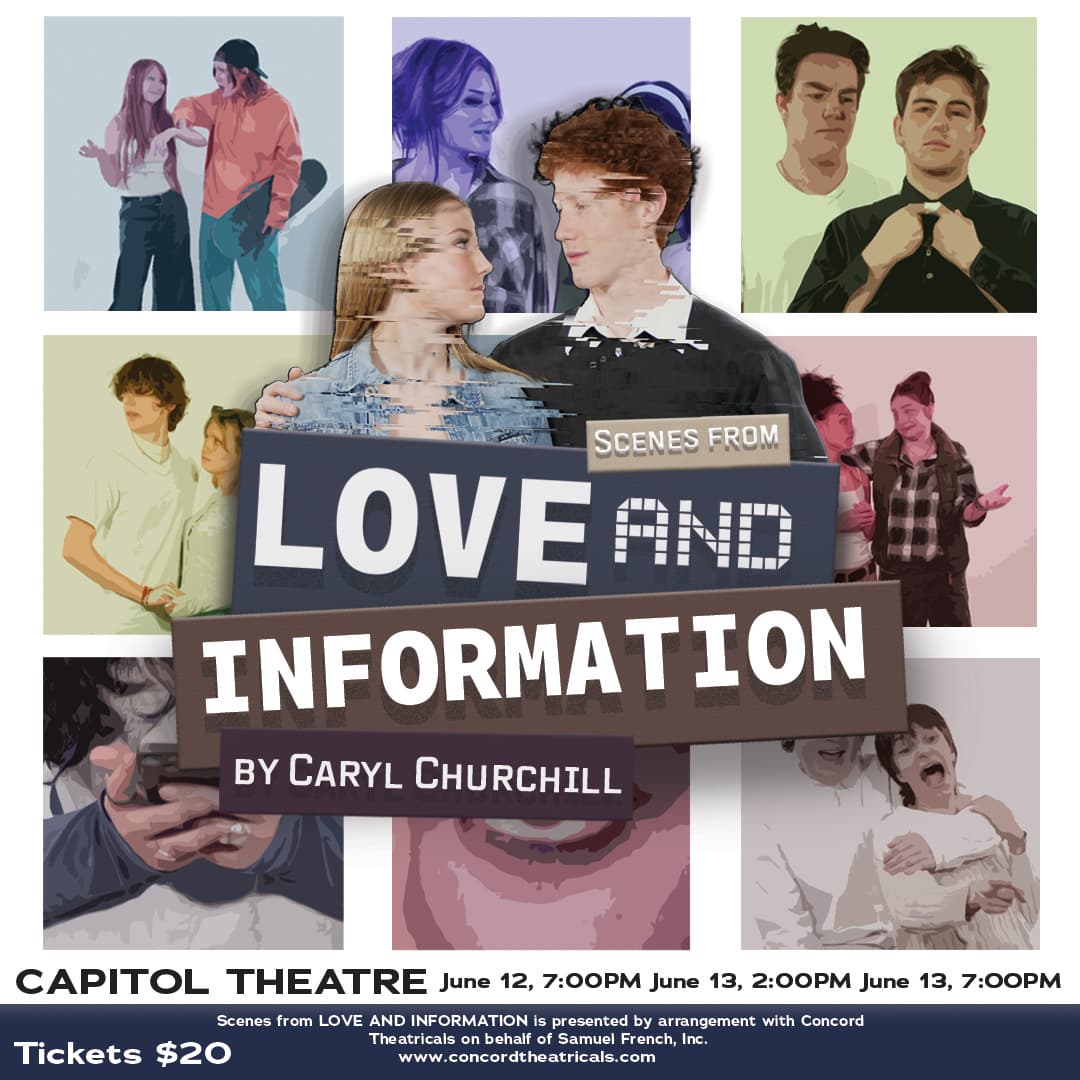 A theatre production poster depicting a checkerboard of scenes from a play