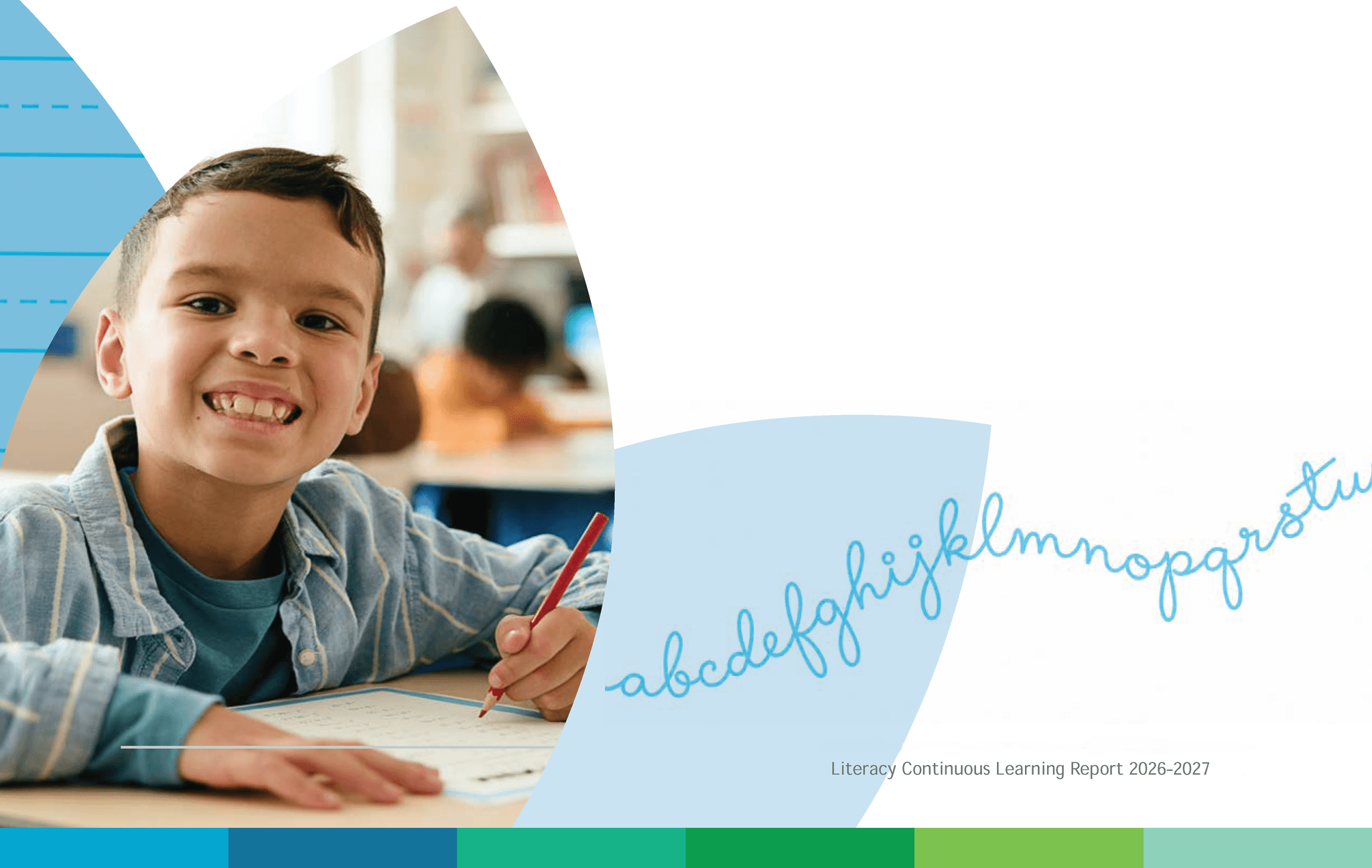 A flower motif graphic showing a smiling elementary school-aged boy holding a red pencil above a notebook, and a blue cursive alphabet flowing across the page